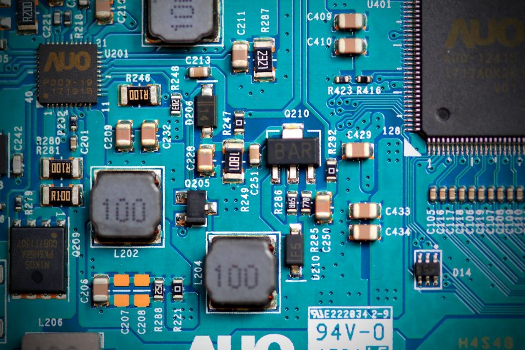 Close-up of components on a blue circuit board; not a Current RF board.